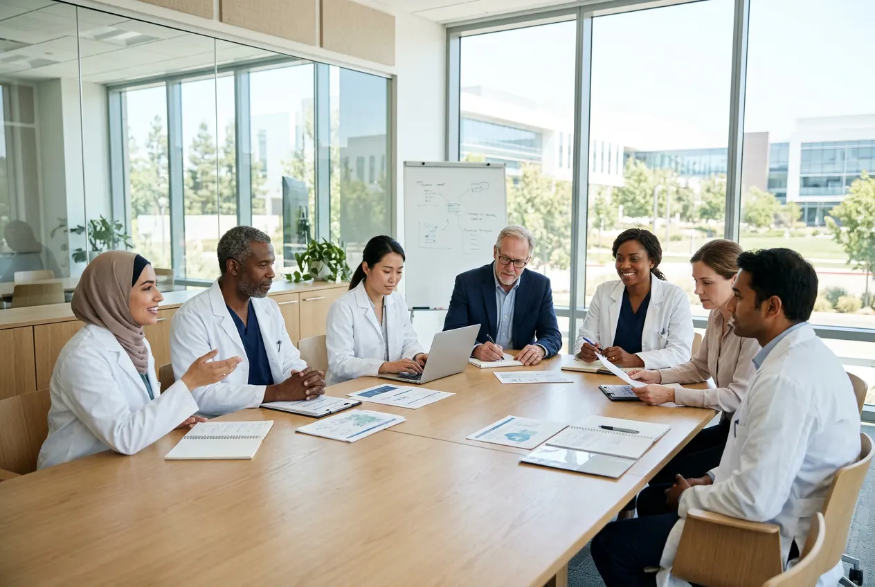 Physicians and scientists discussing findings around a meeting table