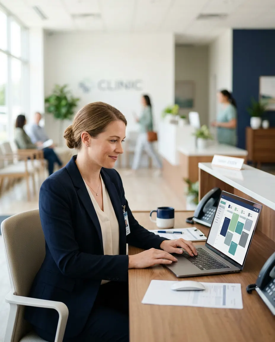 Clinic administrator using a scheduling dashboard on a laptop