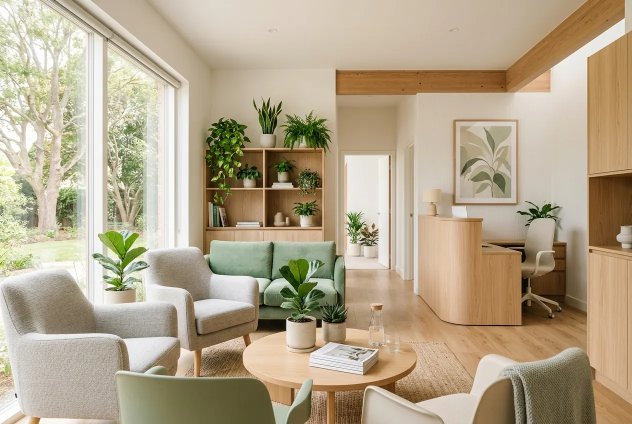 Welcoming private clinic waiting room with plants and natural light