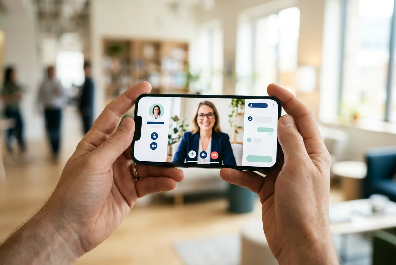 Hands holding a phone during a telehealth consultation