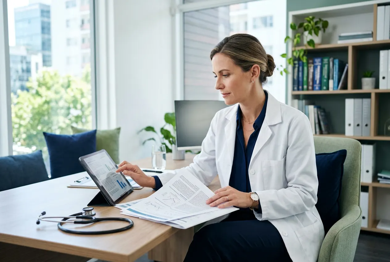 Doctor consulting with a patient in a bright examination room