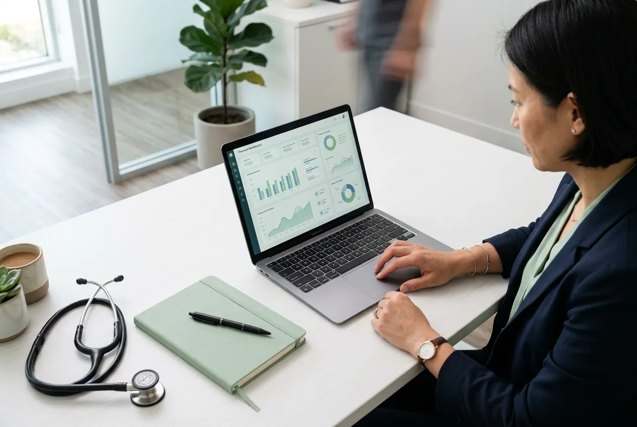 Clinic manager reviewing performance reports with a colleague